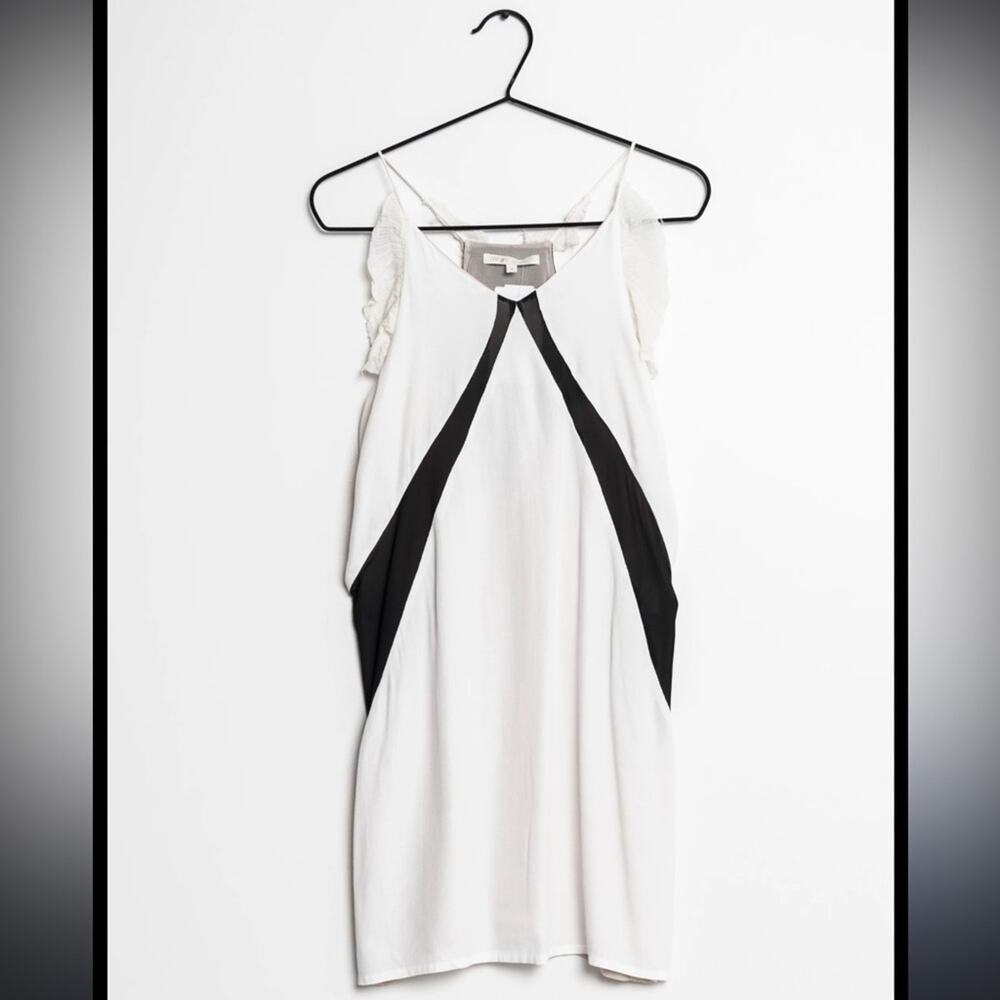 Maje white silk blend mini dress black mesh  accent flutter sleeve sleeveless